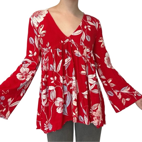 Free People Tops - Free People Blouse Flare Sleeve Babydoll Boho Floral Casual Size Extra Small